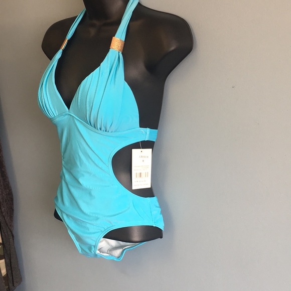 One Piece Swimsuit- Solid Aqua Blue Side Cutout Backless: Size Medium - Picture 3 of 8